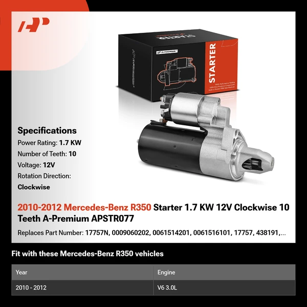2010-2012 Mercedes-Benz R350 Starter 1.7 KW 12V Clockwise 10 Teeth A-Premium APSTR077