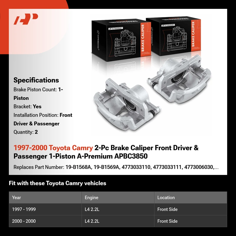 1997-2000 Toyota Camry 2-Pc Brake Caliper Front Driver & Passenger 1-Piston A-Premium APBC3850