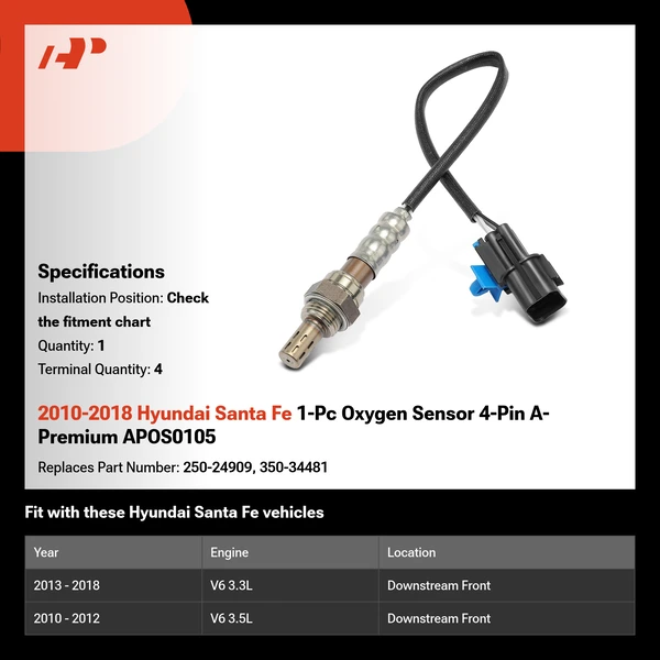 2010-2018 Hyundai Santa Fe 1-Pc Oxygen Sensor 4-Pin A-Premium APOS0105