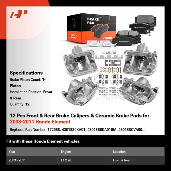 12 Pcs Front & Rear Brake Calipers & Ceramic Brake Pads for 2003-2011 Honda Element