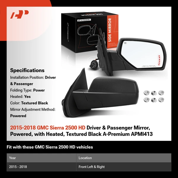 2015-2018 GMC Sierra 2500 HD Driver & Passenger Mirror, Powered, with Heated, Textured Black A-Premium APMI413
