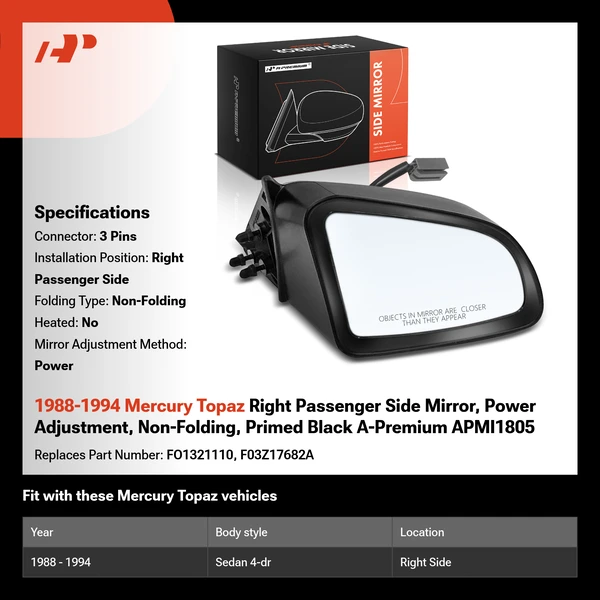 1988-1994 Mercury Topaz Right Passenger Side Mirror, Power Adjustment, Non-Folding, Primed Black A-Premium APMI1805