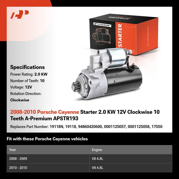 2008-2010 Porsche Cayenne Starter 2.0 KW 12V Clockwise 10 Teeth A-Premium APSTR193
