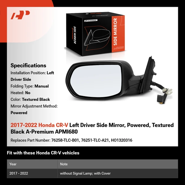 2017-2022 Honda CR-V Left Driver Side Mirror, Powered, Textured Black A-Premium APMI680