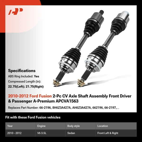 2010-2012 Ford Fusion 2-Pc CV Axle Shaft Assembly Front Driver & Passenger A-Premium APCVA1563