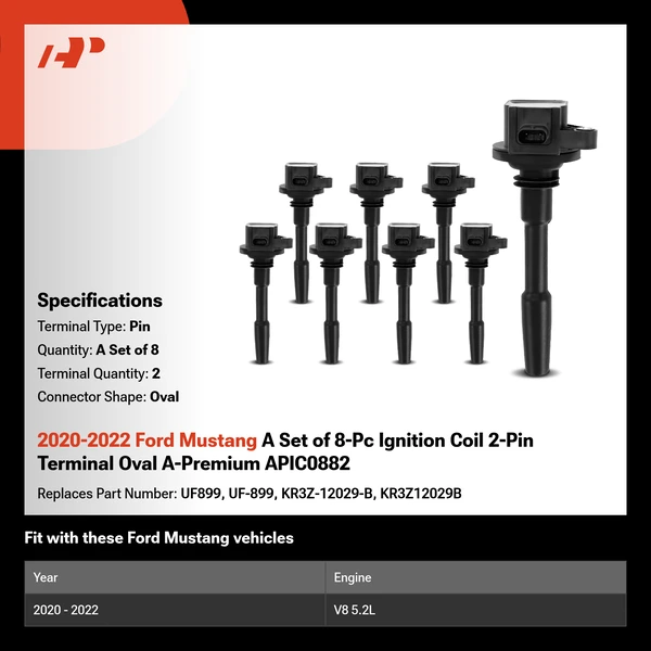 2020-2022 Ford Mustang A Set of 8-Pc Ignition Coil 2-Pin Terminal Oval A-Premium APIC0882
