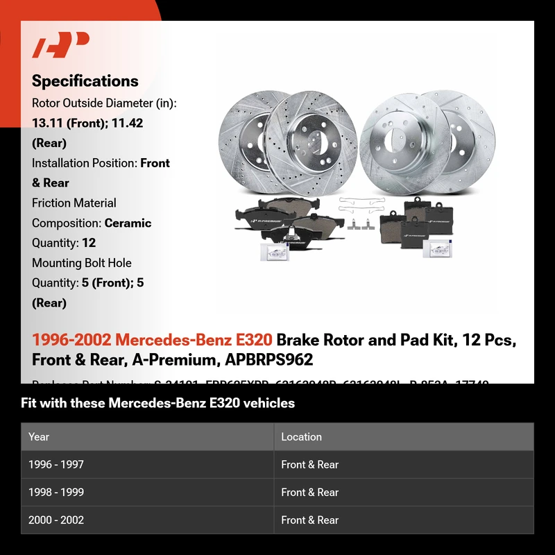 1996-2002 Mercedes-Benz E320 Brake Rotor and Pad Kit, 12 Pcs, Front & Rear, A-Premium, APBRPS962