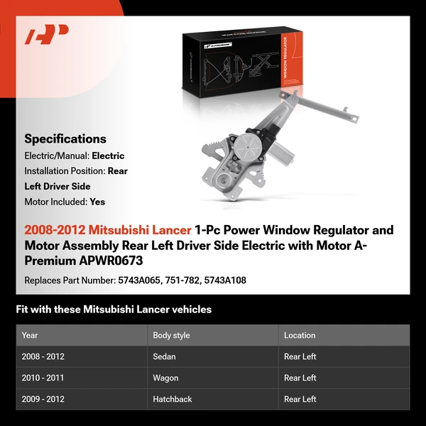 2008-2012 Mitsubishi Lancer 1-Pc Power Window Regulator and Motor Assembly Rear Left Driver Side Electric with Motor A-Premium APWR0673