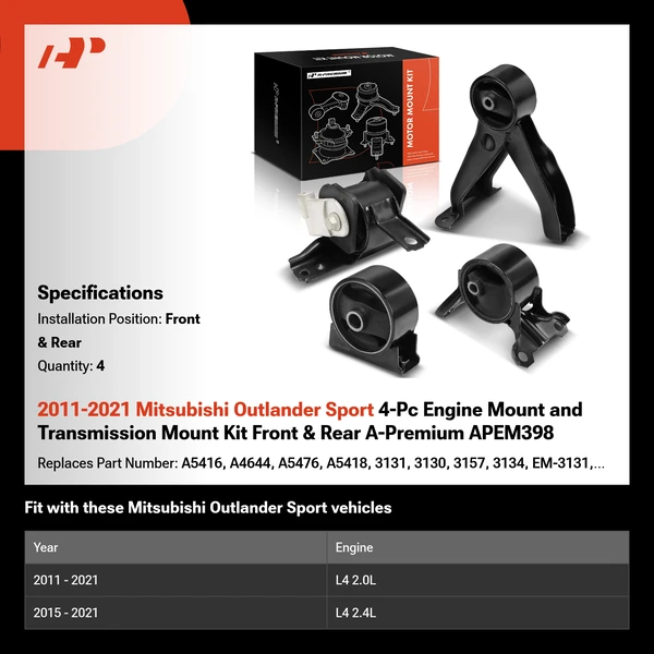 2011-2021 Mitsubishi Outlander Sport 4-Pc Engine Mount and Transmission Mount Kit Front & Rear A-Premium APEM398