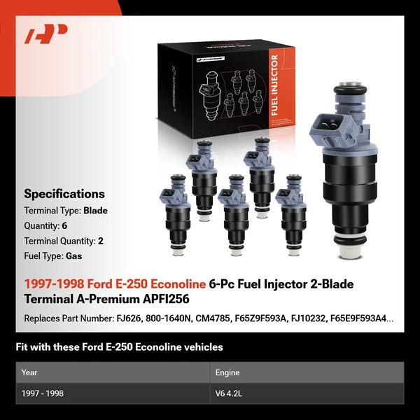 1997-1998 Ford E-250 Econoline 6-Pc Fuel Injector 2-Blade Terminal A-Premium APFI256