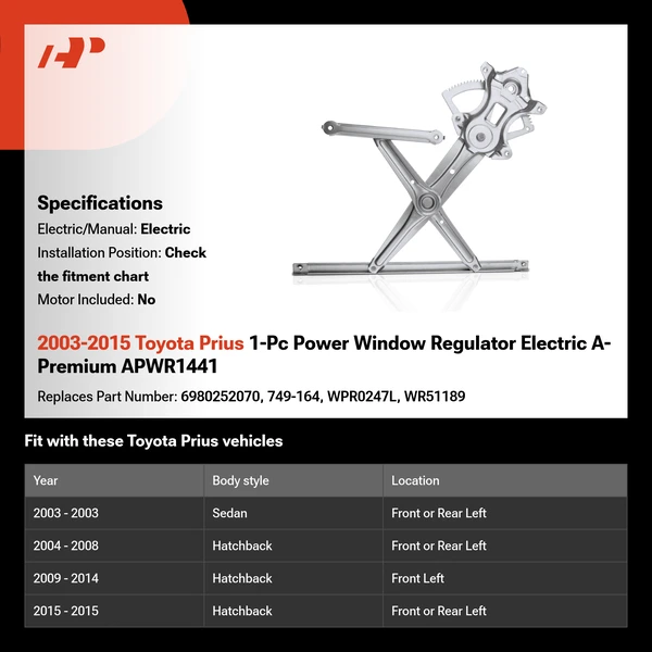 2003-2015 Toyota Prius 1-Pc Power Window Regulator Electric A-Premium APWR1441
