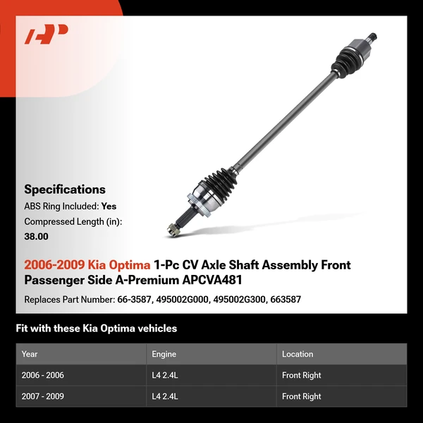2006-2009 Kia Optima 1-Pc CV Axle Shaft Assembly Front Passenger Side A-Premium APCVA481