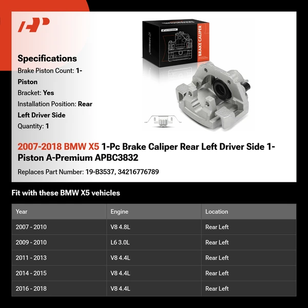 2007-2018 BMW X5 1-Pc Brake Caliper Rear Left Driver Side 1-Piston A-Premium APBC3832