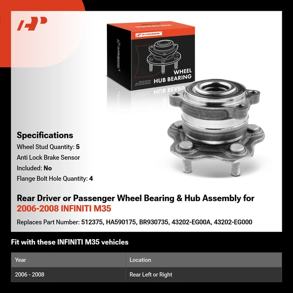 Rear Driver or Passenger Wheel Bearing & Hub Assembly for 2006-2008 INFINITI M35