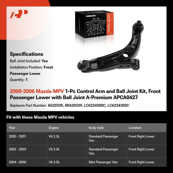 2000-2006 Mazda MPV 1-Pc Control Arm and Ball Joint Kit, Front Passenger Lower with Ball Joint A-Premium APCA0427