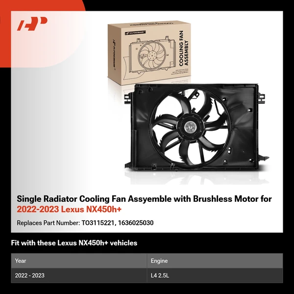 Single Radiator Cooling Fan Assyemble with Brushless Motor for 2022-2023 Lexus NX450h+
