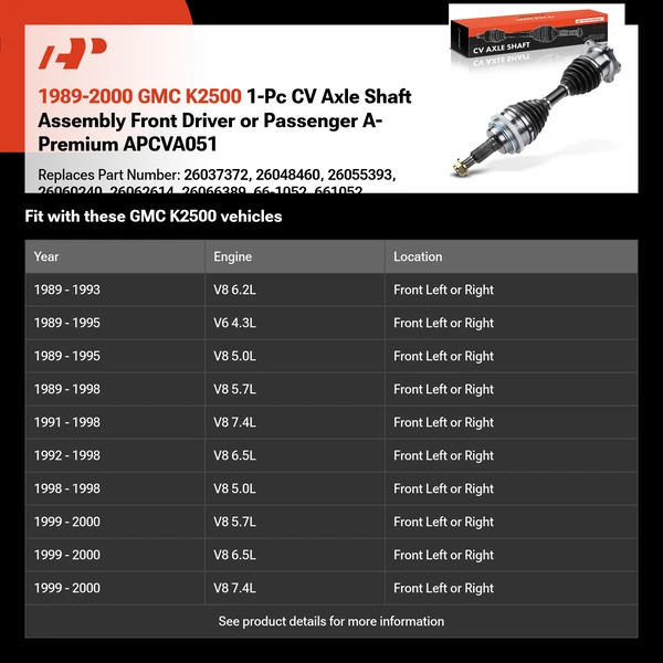 1989-2000 GMC K2500 1-Pc CV Axle Shaft Assembly Front Driver or Passenger A-Premium APCVA051