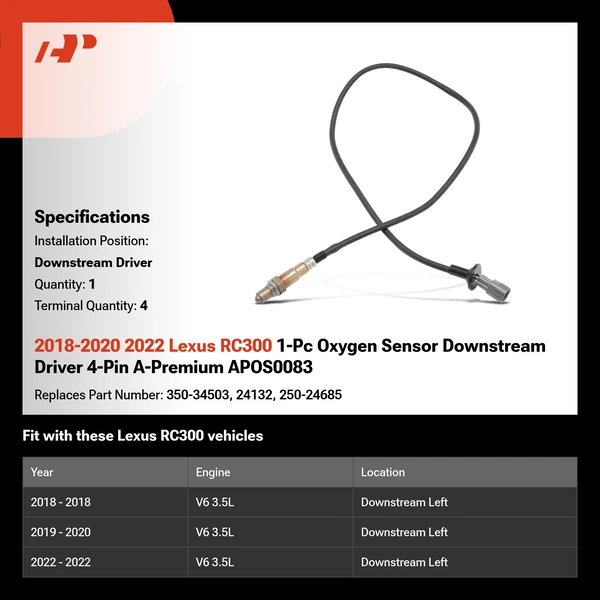 2018-2020 2022 Lexus RC300 1-Pc Oxygen Sensor Downstream Driver 4-Pin A-Premium APOS0083