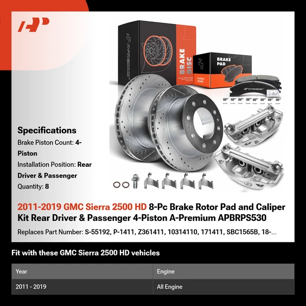 2011-2019 GMC Sierra 2500 HD 8-Pc Brake Rotor Pad and Caliper Kit Rear Driver & Passenger 4-Piston A-Premium APBRPS530