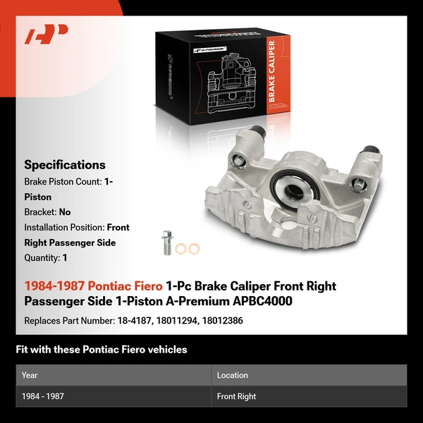 1984-1987 Pontiac Fiero 1-Pc Brake Caliper Front Right Passenger Side 1-Piston A-Premium APBC4000