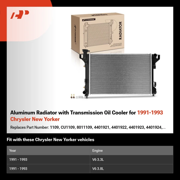 Aluminum Radiator with Transmission Oil Cooler for 1991-1993 Chrysler New Yorker