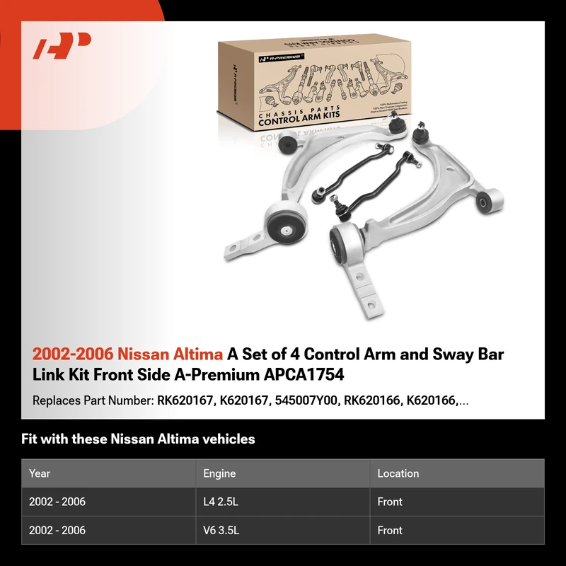 2002-2006 Nissan Altima A Set of 4 Control Arm and Sway Bar Link Kit Front Side A-Premium APCA1754