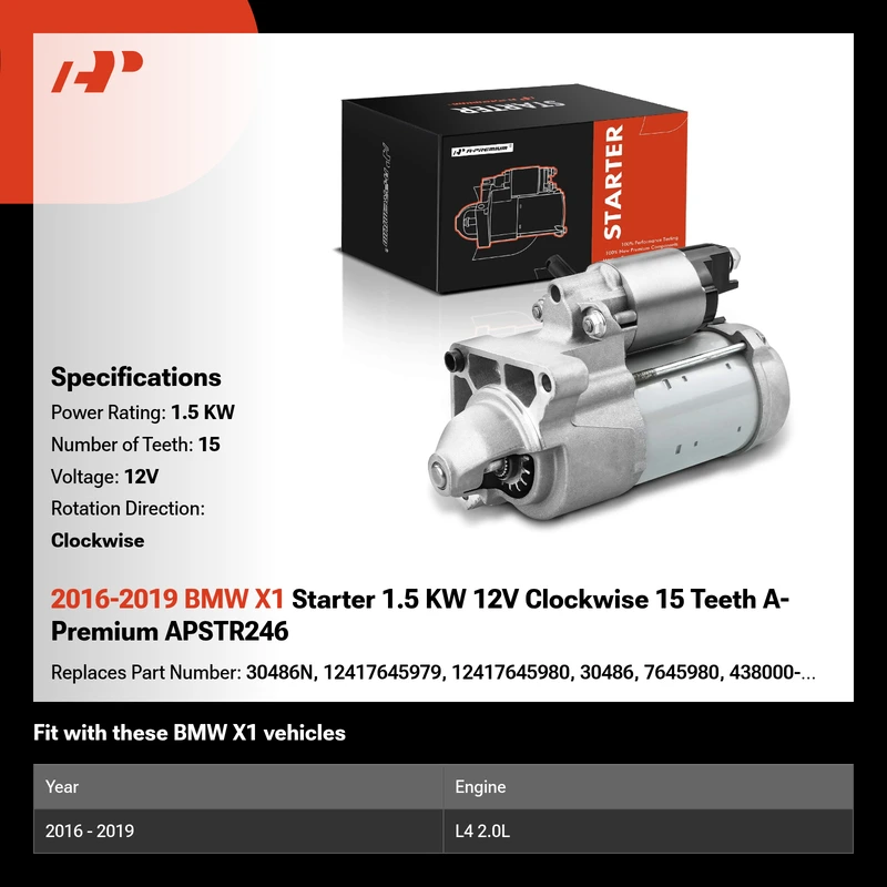 2016-2019 BMW X1 Starter 1.5 KW 12V Clockwise 15 Teeth A-Premium APSTR246