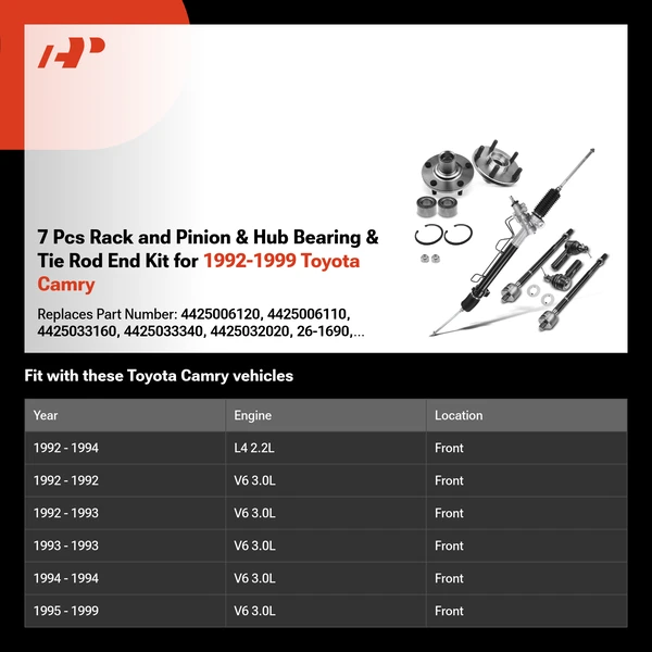 7 Pcs Rack and Pinion & Hub Bearing & Tie Rod End Kit for 1992-1999 Toyota Camry