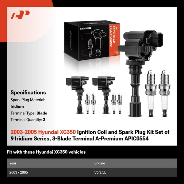 2003-2005 Hyundai XG350 Ignition Coil and Spark Plug Kit Set of 9 Iridium Series, 3-Blade Terminal A-Premium APIC0554