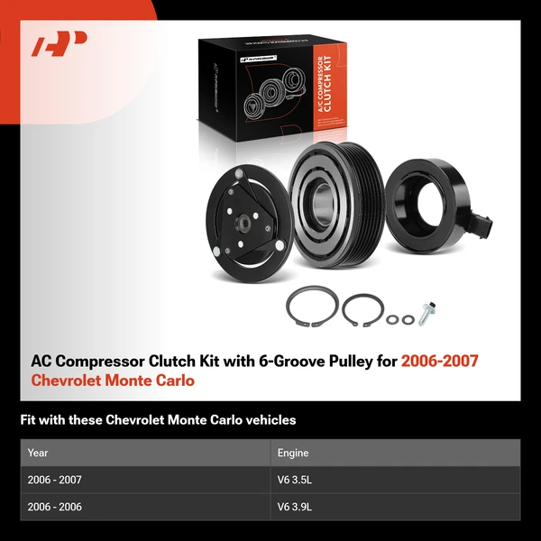 AC Compressor Clutch Kit with 6-Groove Pulley for 2006-2007 Chevrolet Monte Carlo