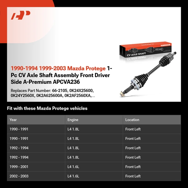 1990-1994 1999-2003 Mazda Protege 1-Pc CV Axle Shaft Assembly Front Driver Side A-Premium APCVA236