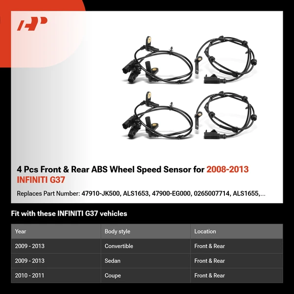 4 Pcs Front & Rear ABS Wheel Speed Sensor for 2008-2013 INFINITI G37