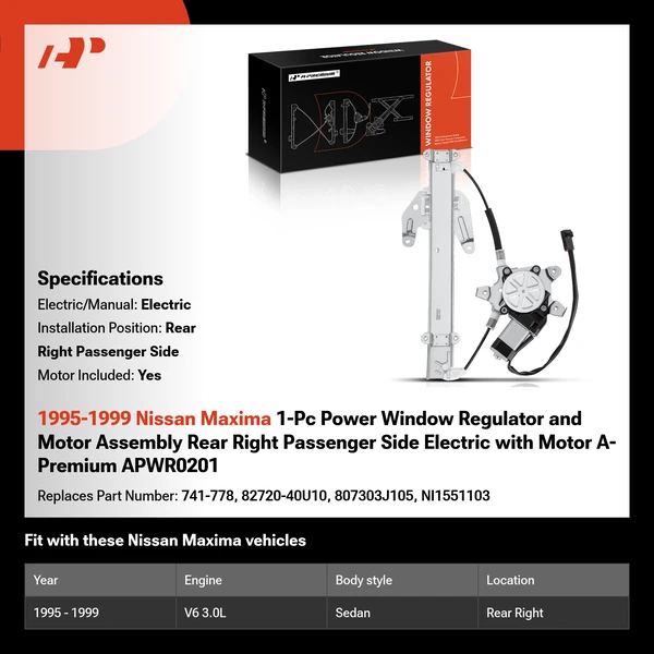 1995-1999 Nissan Maxima 1-Pc Power Window Regulator and Motor Assembly Rear Right Passenger Side Electric with Motor A-Premium APWR0201