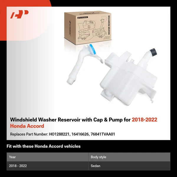 Windshield Washer Reservoir with Cap & Pump for 2018-2022 Honda Accord