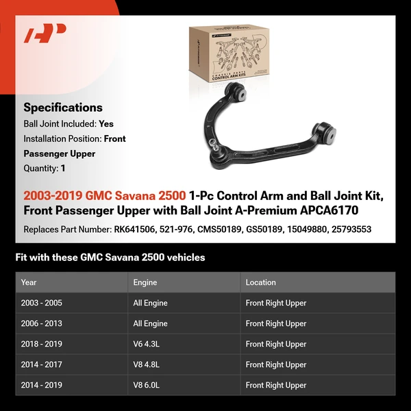 2003-2019 GMC Savana 2500 1-Pc Control Arm and Ball Joint Kit, Front Passenger Upper with Ball Joint A-Premium APCA6170