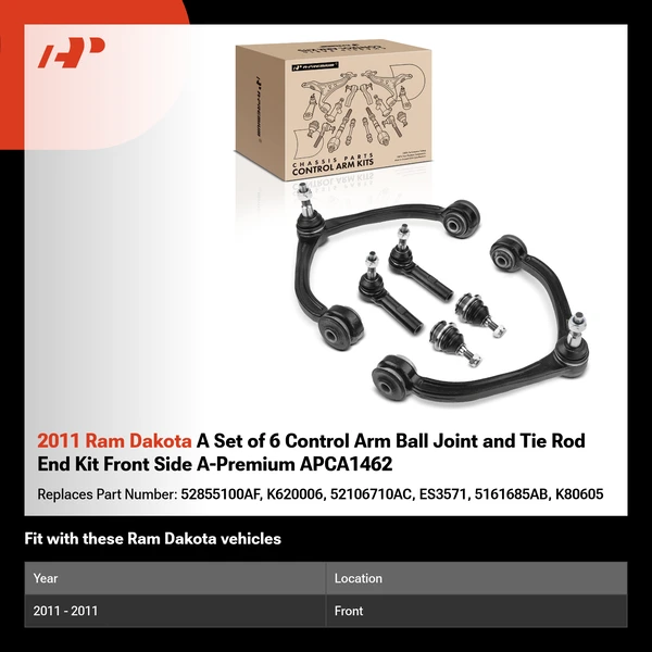 2011 Ram Dakota A Set of 6 Control Arm Ball Joint and Tie Rod End Kit Front Side A-Premium APCA1462