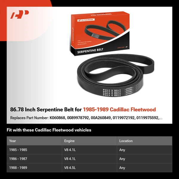 86.78 Inch Serpentine Belt for 1985-1989 Cadillac Fleetwood