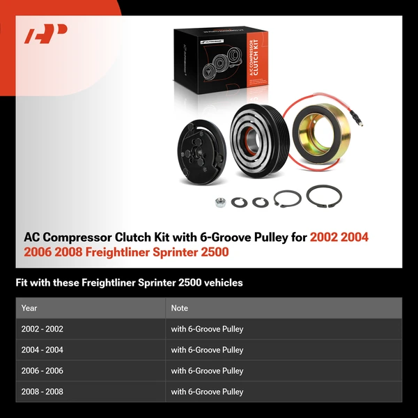 AC Compressor Clutch Kit with 6-Groove Pulley for 2002 2004 2006 2008 Freightliner Sprinter 2500
