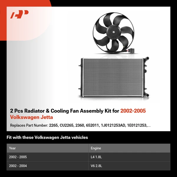 2 Pcs Radiator & Cooling Fan Assembly Kit for 2002-2005 Volkswagen Jetta