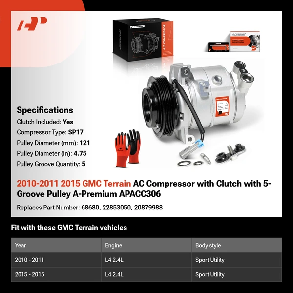 2010-2011 2015 GMC Terrain AC Compressor with Clutch with 5-Groove Pulley A-Premium APACC306