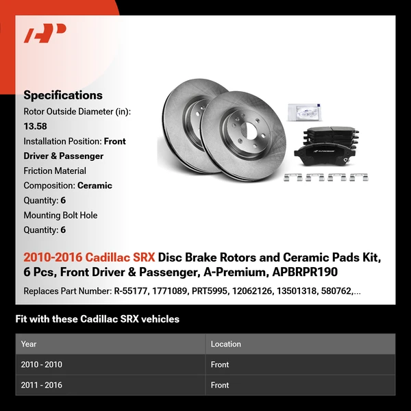 2010-2016 Cadillac SRX Disc Brake Rotors and Ceramic Pads Kit, 6 Pcs, Front Driver & Passenger, A-Premium, APBRPR190