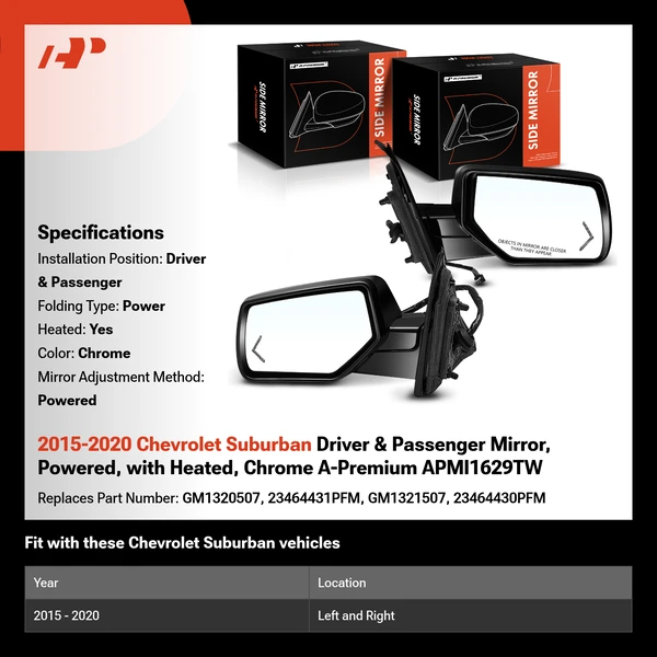 2015-2020 Chevrolet Suburban Driver & Passenger Mirror, Powered, with Heated, Chrome A-Premium APMI1629TW