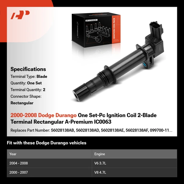 2000-2008 Dodge Durango One Set-Pc Ignition Coil 2-Blade Terminal Rectangular A-Premium IC0063