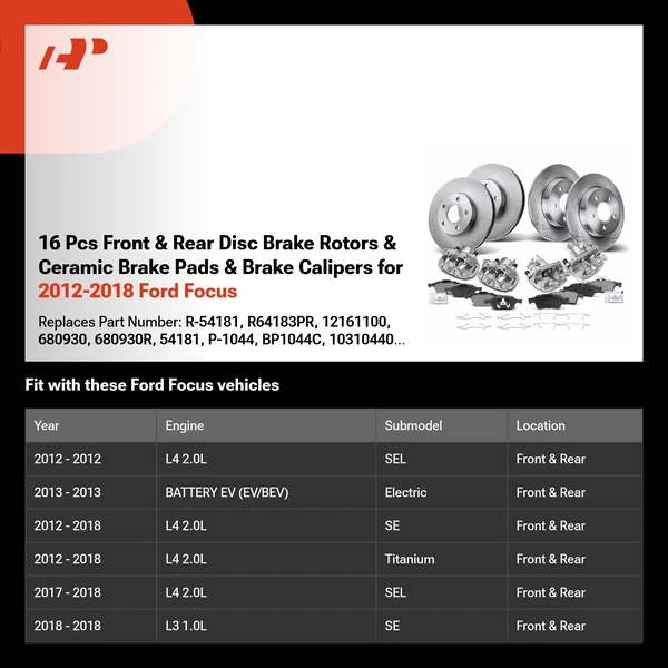 16 Pcs Front & Rear Disc Brake Rotors & Ceramic Brake Pads & Brake Calipers for 2012-2018 Ford Focus