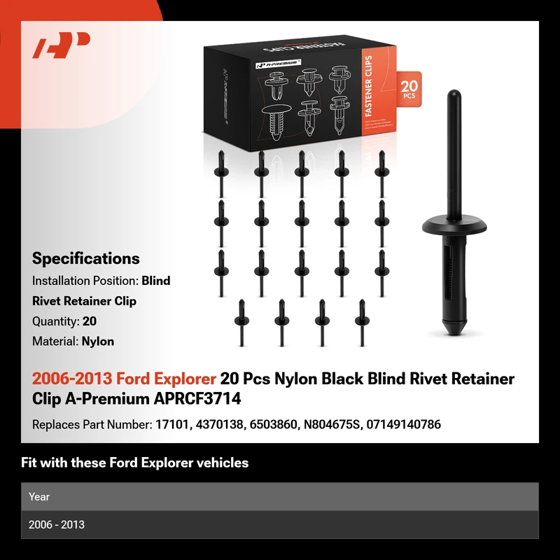 2006-2013 Ford Explorer 20 Pcs Nylon Black Blind Rivet Retainer Clip A-Premium APRCF3714