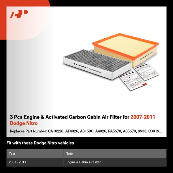 3 Pcs Engine & Activated Carbon Cabin Air Filter for 2007-2011 Dodge Nitro