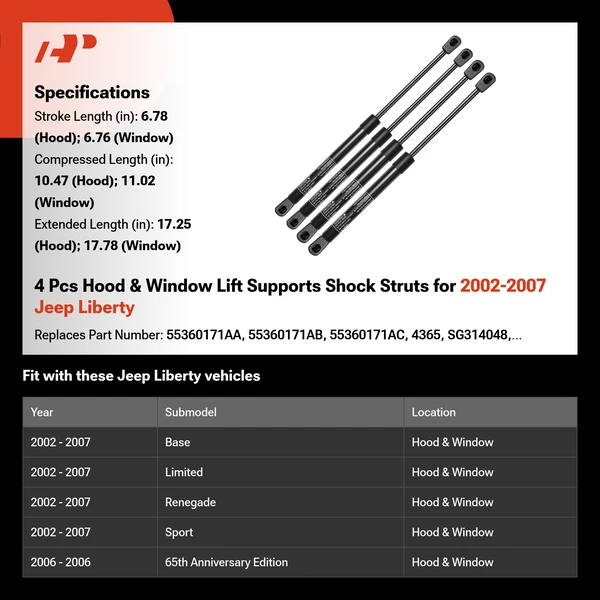 4 Pcs Hood & Window Lift Supports Shock Struts for 2002-2007 Jeep Liberty