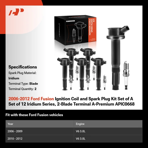 2006-2012 Ford Fusion Ignition Coil and Spark Plug Kit Set of A Set of 12 Iridium Series, 2-Blade Terminal A-Premium APIC0668