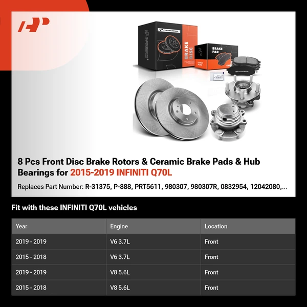 8 Pcs Front Disc Brake Rotors & Ceramic Brake Pads & Hub Bearings for 2015-2019 INFINITI Q70L