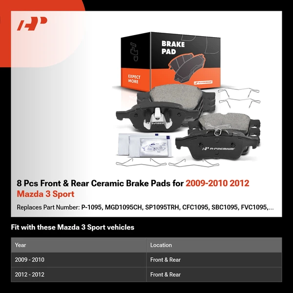 8 Pcs Front & Rear Ceramic Brake Pads for 2009-2010 2012 Mazda 3 Sport